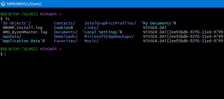Ls command in Git Bash console window.