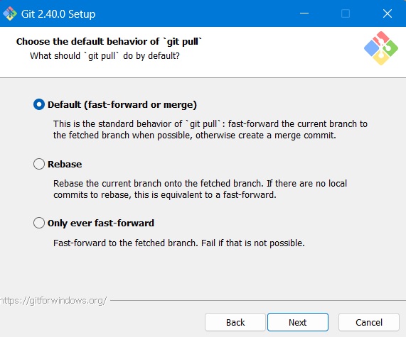 Choose default behavior of Git pull as default fast-forward and merge option.