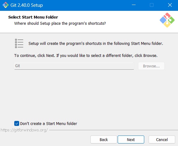 Disable start menu folder for Git installed in Windows.