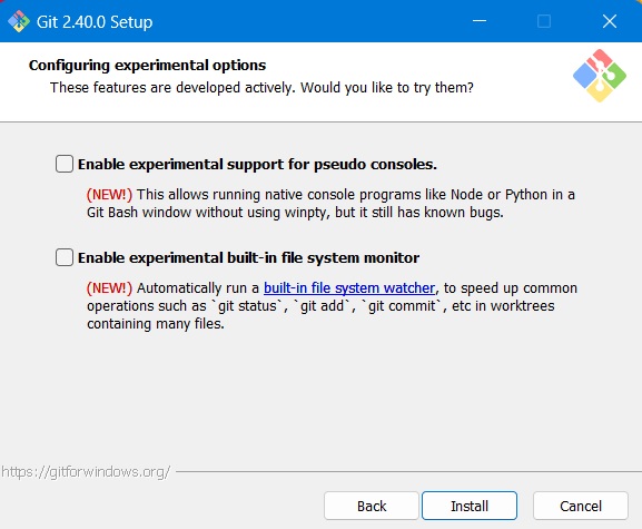 Experimental features to be tried in Git: pseudo consoles, file system monitor etc.