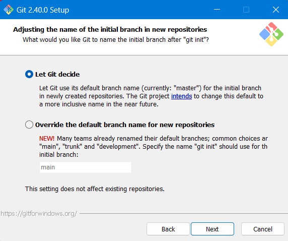 Let Git decide chosen as the option to adjust the initial branch name in new repositories.