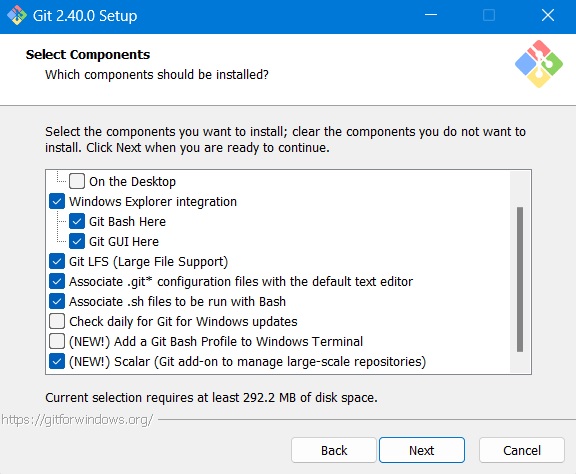 Select the components to be installed in a Git setup for Windows.