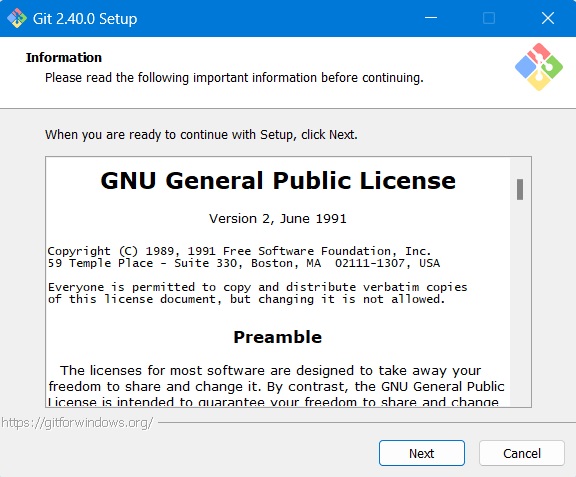 Git General license page for agreement for Windows users.