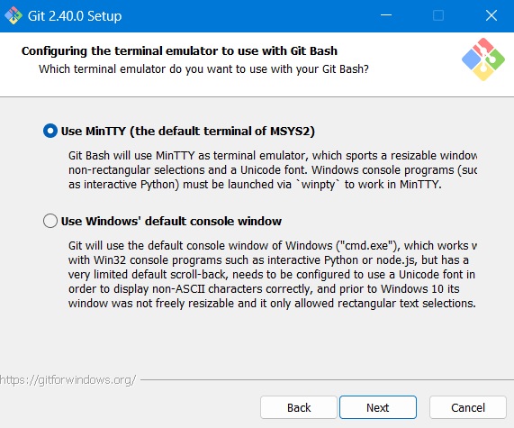 Use MinTTY as default terminal emulator for Git Bash setup in Windows.