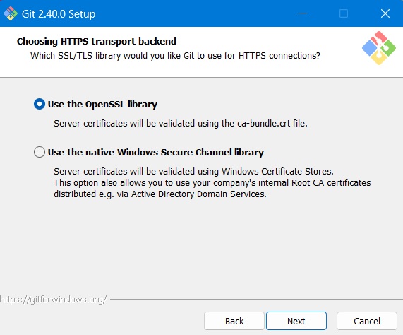 Select OpenSSL library as HTTPS transport backend for Git to use.