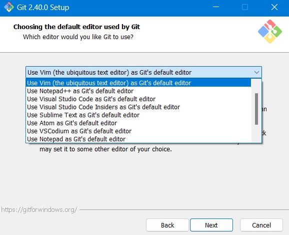 Selecting Vim as default text editor for Git installation in Windows with other options visible.