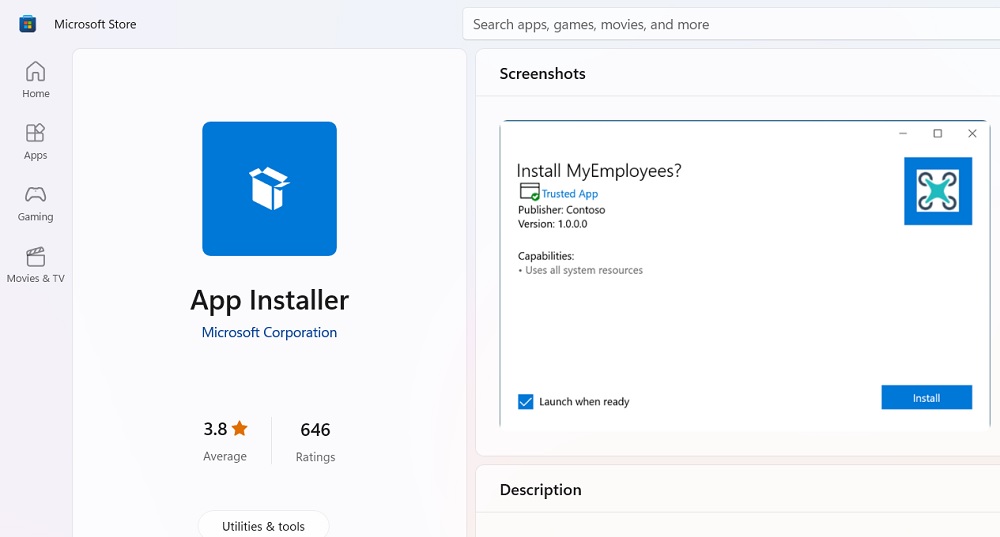 App Installer visible in Microsoft Store.