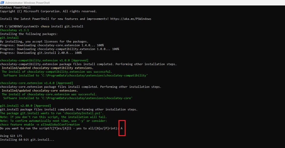 Click A to install all scripts of Git via Chocolatey in PowerShell.