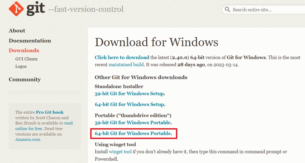 Download links for Git's portable version in Windows. 