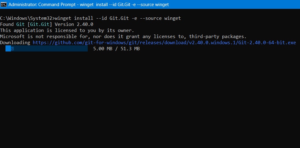 Downloading and installing Git via Winget in Windows 11 Command Prompt.