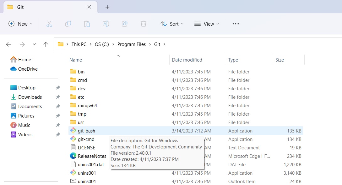 Git Bash shown in File Explorer window under Git folder saved in Program Files.