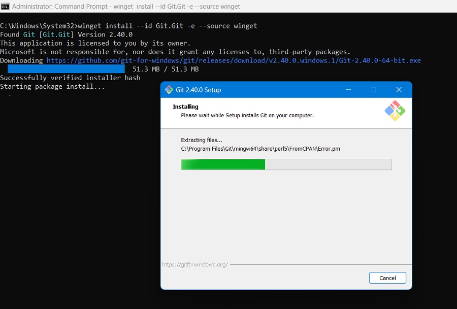 Installing Git via Winget inside Command Prompt window.