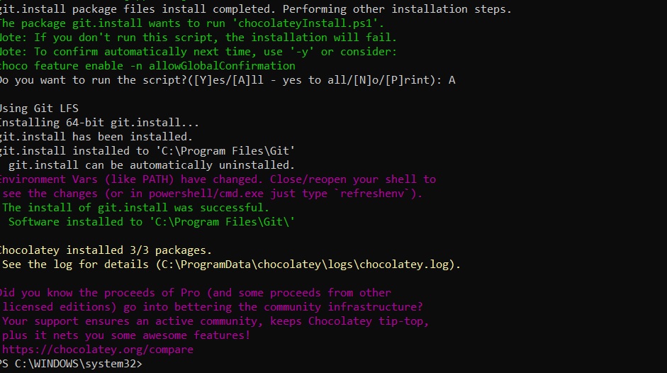 Install Git message successful in Chocolatey package displayed in PowerShell window. 