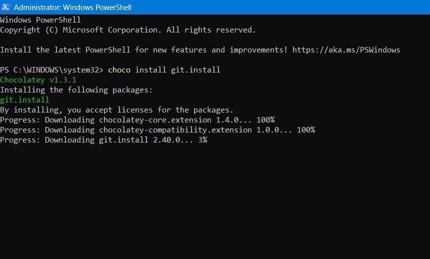 Installing Git via Chocolatey program in PowerShell window.