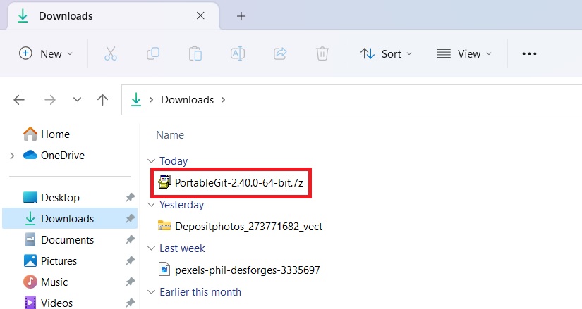 Git portable version available in Windows 11 downloads folder.