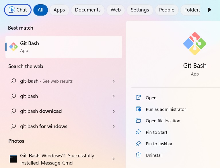 Search for Git Bash app in Windows 11.
