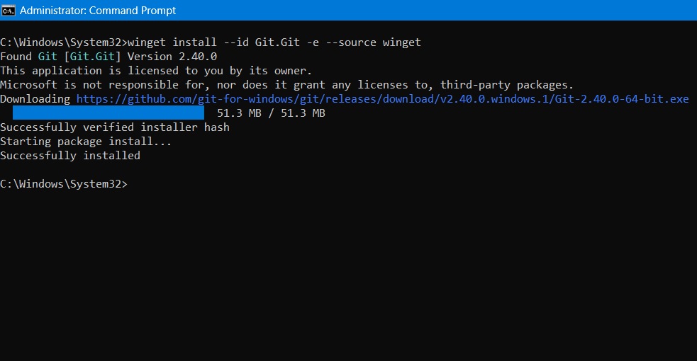 Git successfully installed message in Command Prompt window.