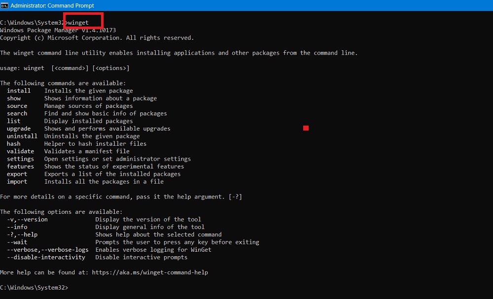 Type Winget in Command Prompt Administrator mode to review its options.