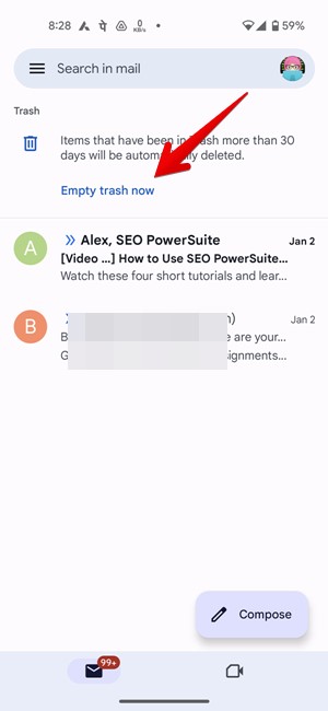 Tapping on "Empty trash now" option in Gmail app. 