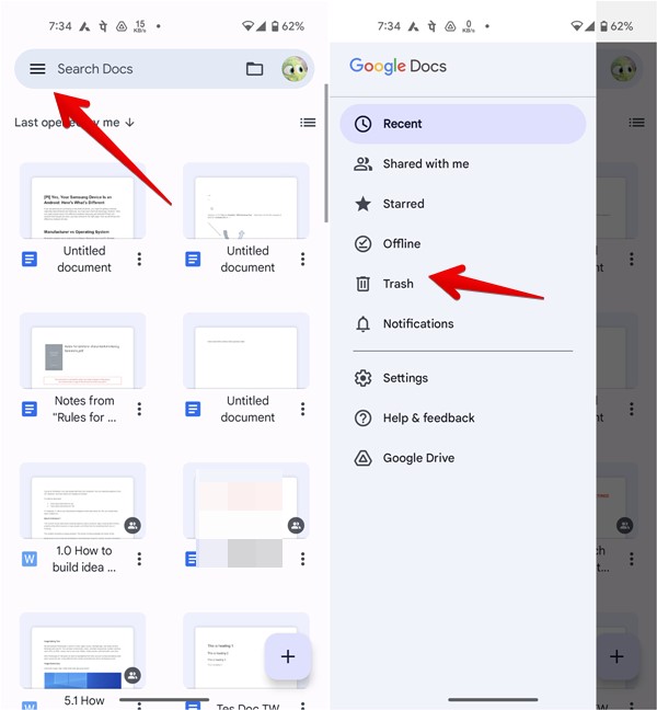 Finding the "Trash" option in Google Docs app.