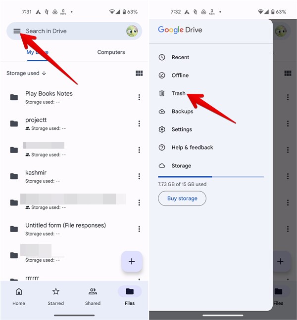 Selecting the "Trash" option in Google Drive app. 
