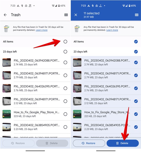 Selecting all items in Trash folder and then pressing "Delete."
