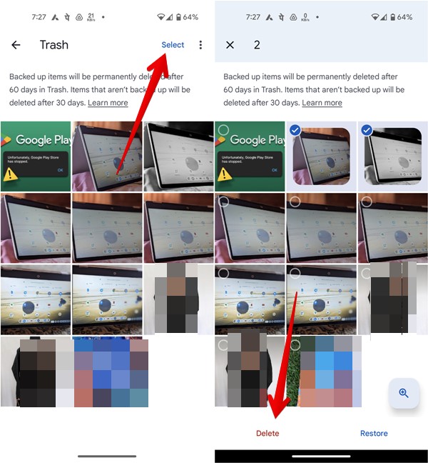 Google Photos Empty Trash Single