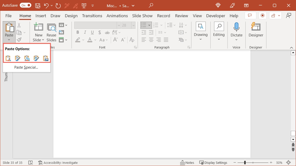Paste options on the Home tab in PowerPoint