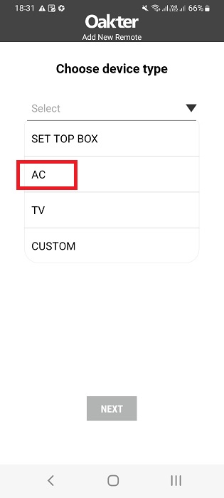 Add device type as AC in IR blaster app for Android.