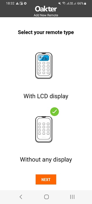 Remote type without LCD display selected in IR blaster app for Android.