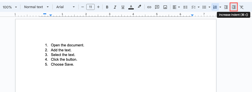 Increase Indent button in the Google Docs toolbar