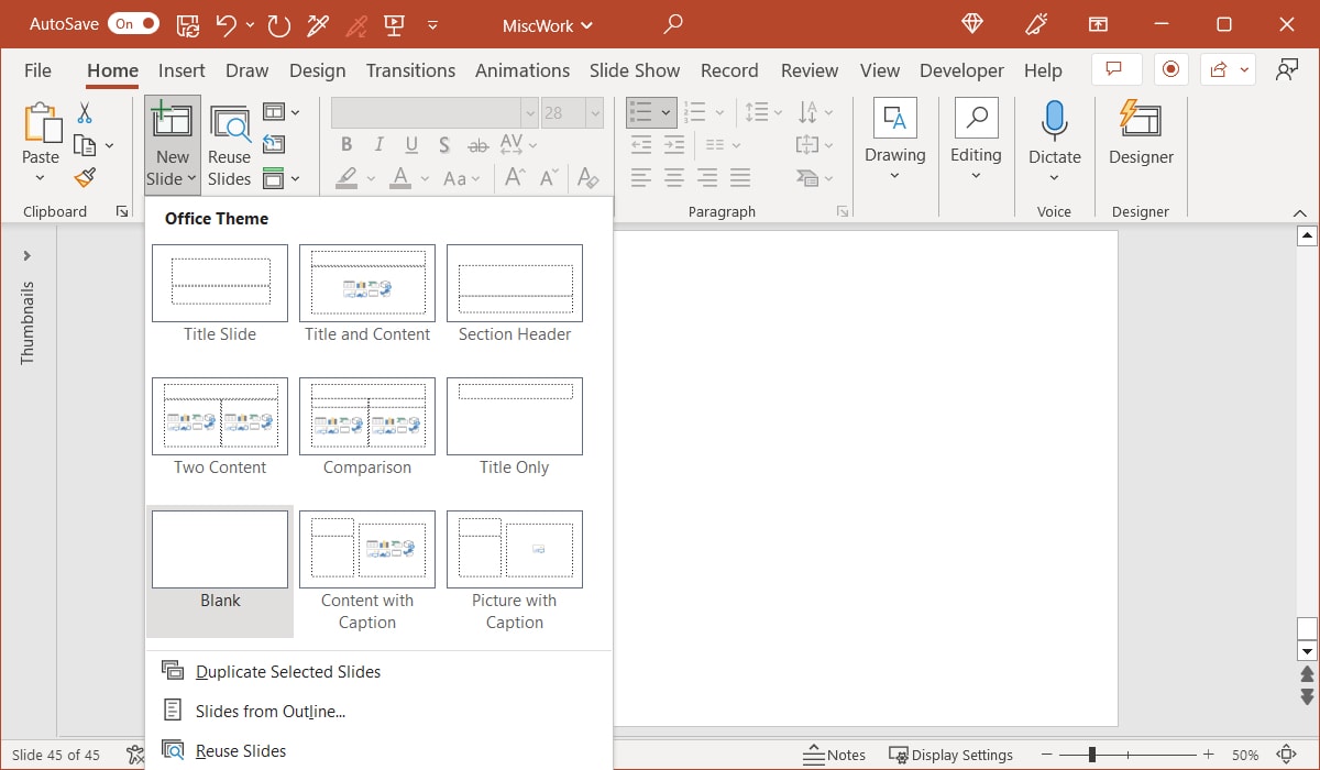 Blank slide layout in Powerpoint