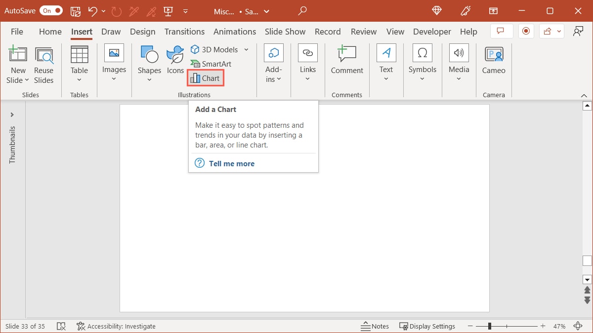 Chart on the Insert tab in PowerPoint