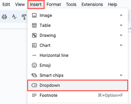 Dropdown in the Google Docs Insert menu