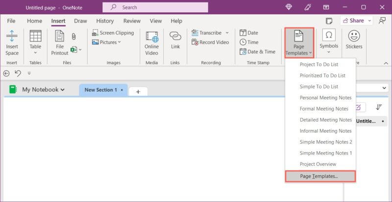 Page Templates on the OneNote Insert tab