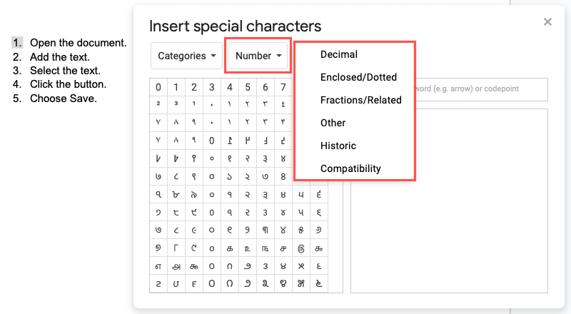 Numbers in the Insert Special Characters box