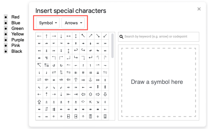 Insert Special Characters box with the Symbols and Arrows lists