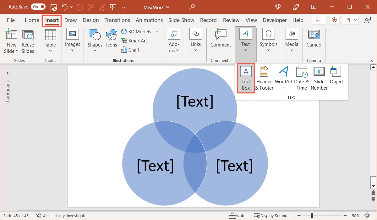 Text Box on the Insert tab in PowerPoint