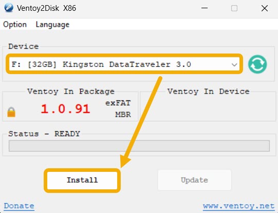 Installing USB drive via Ventoy.