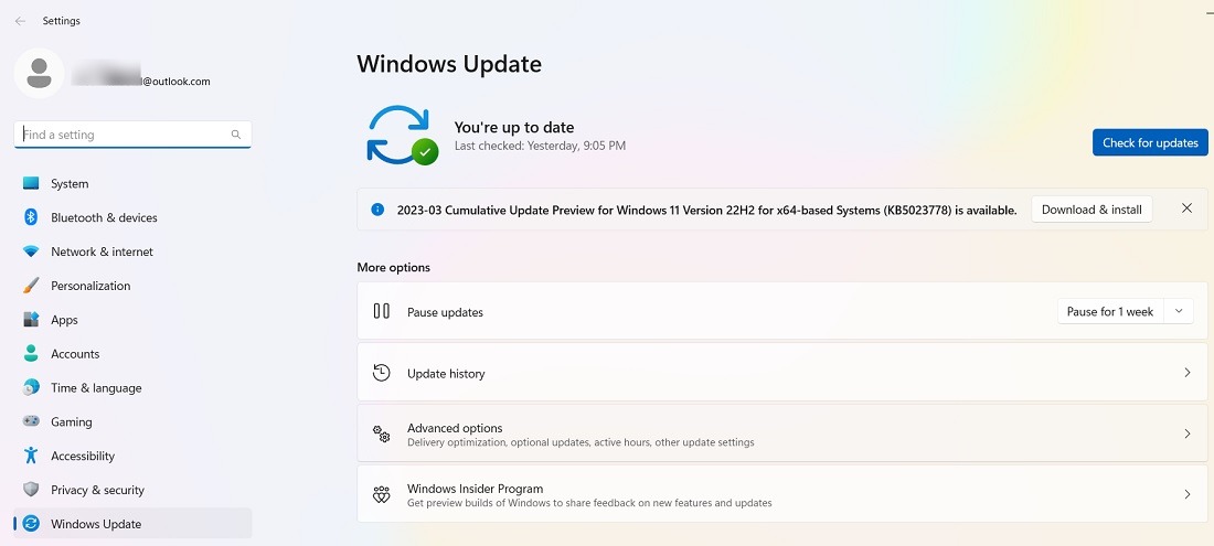 Check for updates in Windows Update for Windows 11.