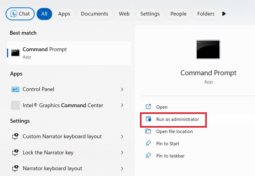 Windows Command Prompt opened in Admin mode from search menu. 