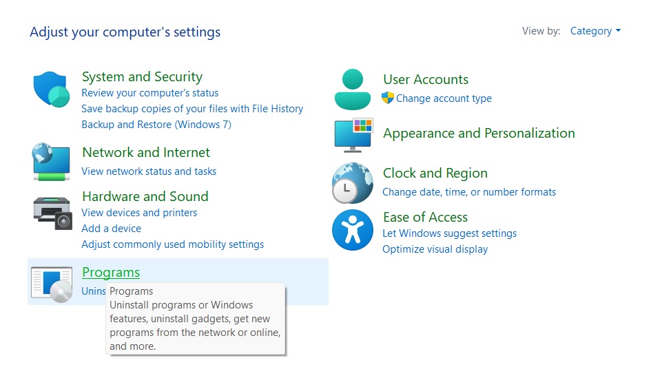 Clicking on "Programs" in Control Panel. 