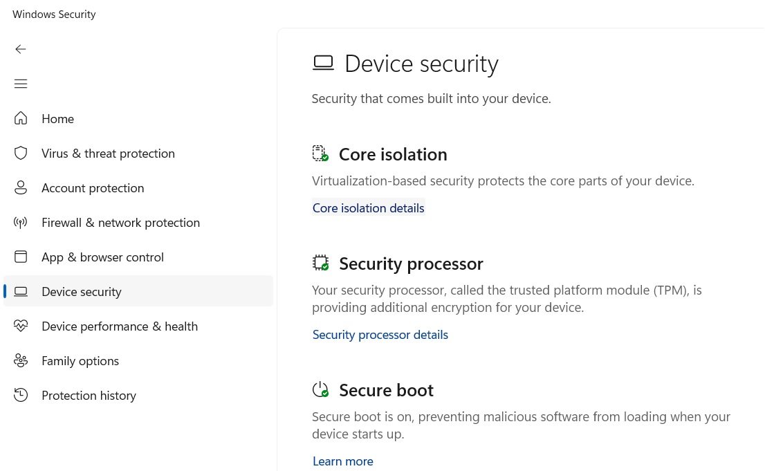 Core isolation details under device security in Windows Security. 
