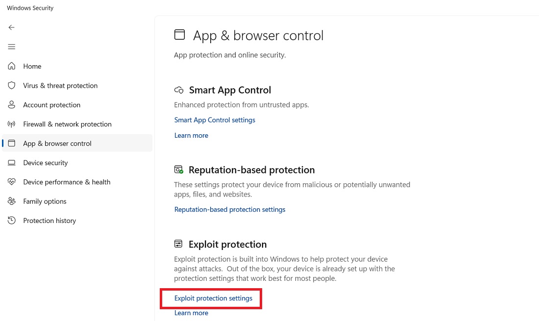 Exploit protection settings under App & browser control in Windows Security.