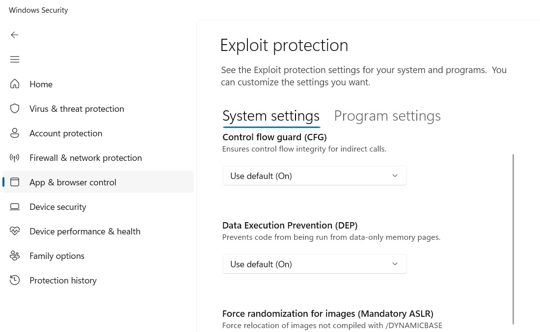 Exploit protection system settings including Control flow guard on.