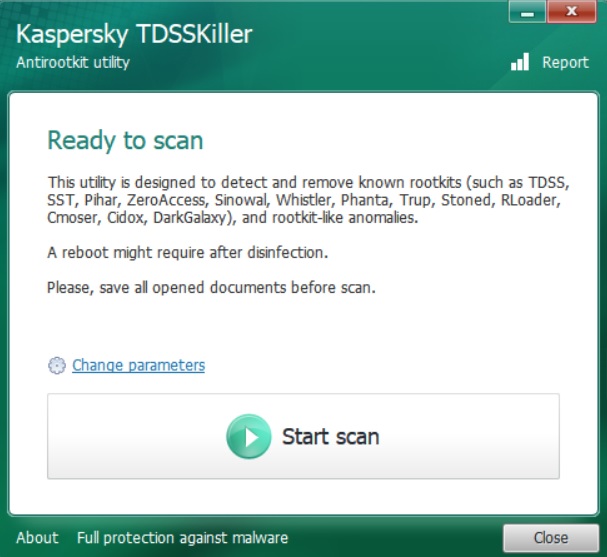 Kaspersky TDSSKiller installed in Windows. Ready to start scan.
