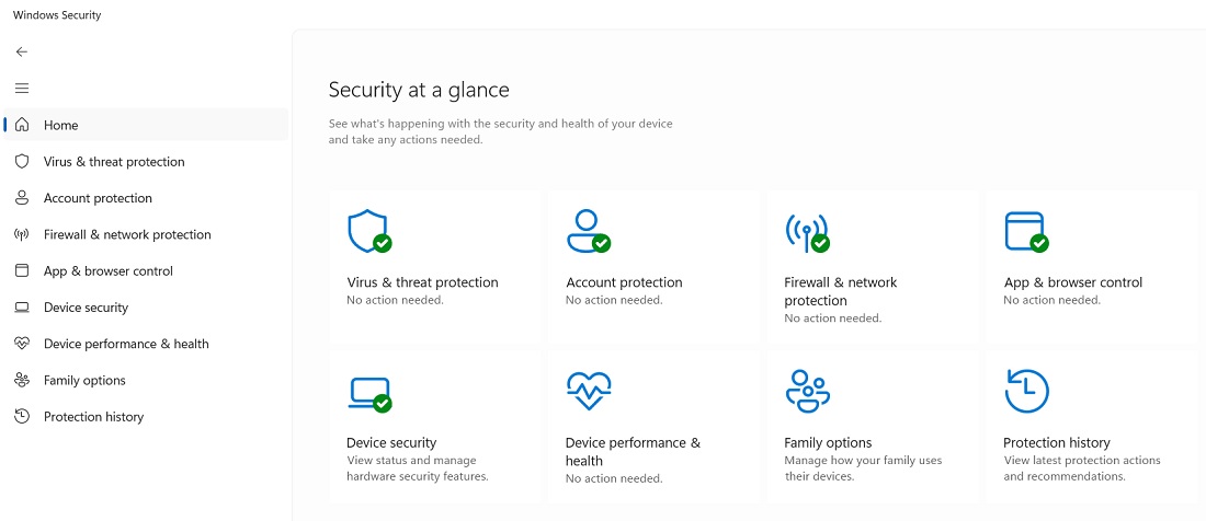 Security at a glance in Windows Security. - Green check symbols.