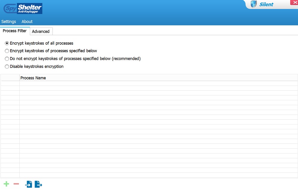Various encryption options available for SpyShelter Silent Anti-Keylogger tool.