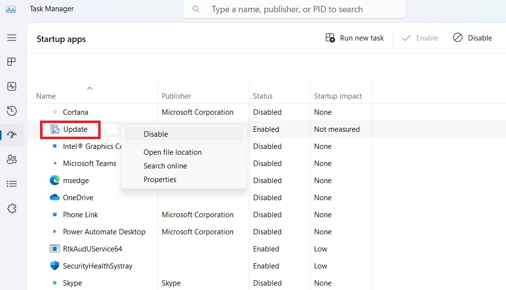Disabling apps in the Startup menu in Task Manager.