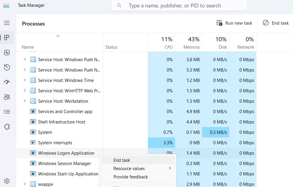 Right-click on Windows Logon Application in Task Manager to end task .